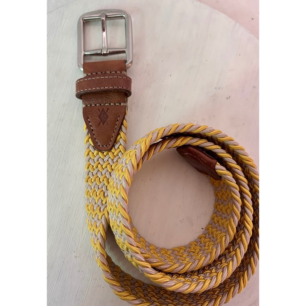 Martin Dingman Mens Braided Rope Belt Yellow Tan Leather‎ Trim Sz 34 Handcrafted